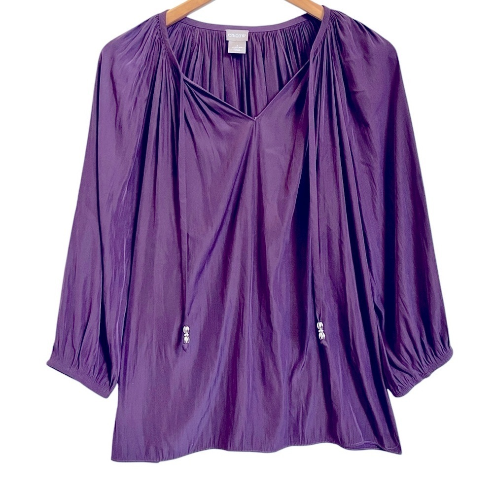 Chico’s Shirred Tie-Neck Raglan-Sleeve Blouse Size 1 (M)